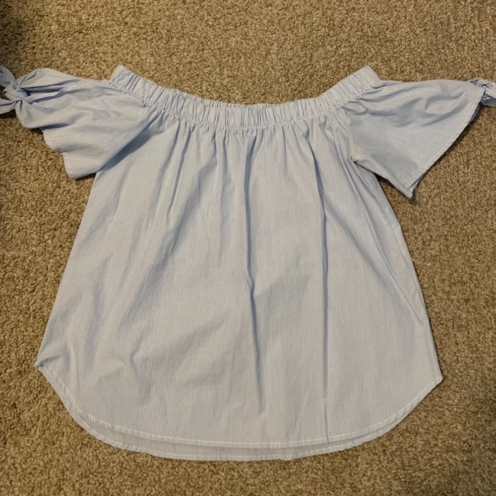 Boutique light blue and white thin striped off the shoulder top - size S